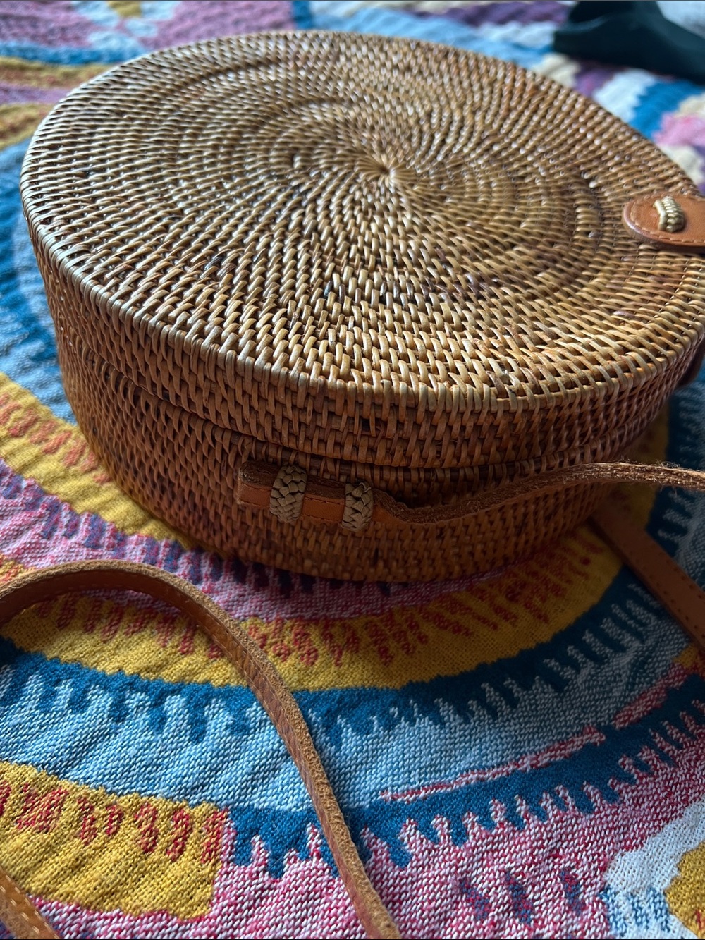 Amerii Rattan Round Woven Crossbody Bag in Tan with Leather Trim - Picture 8 of 11